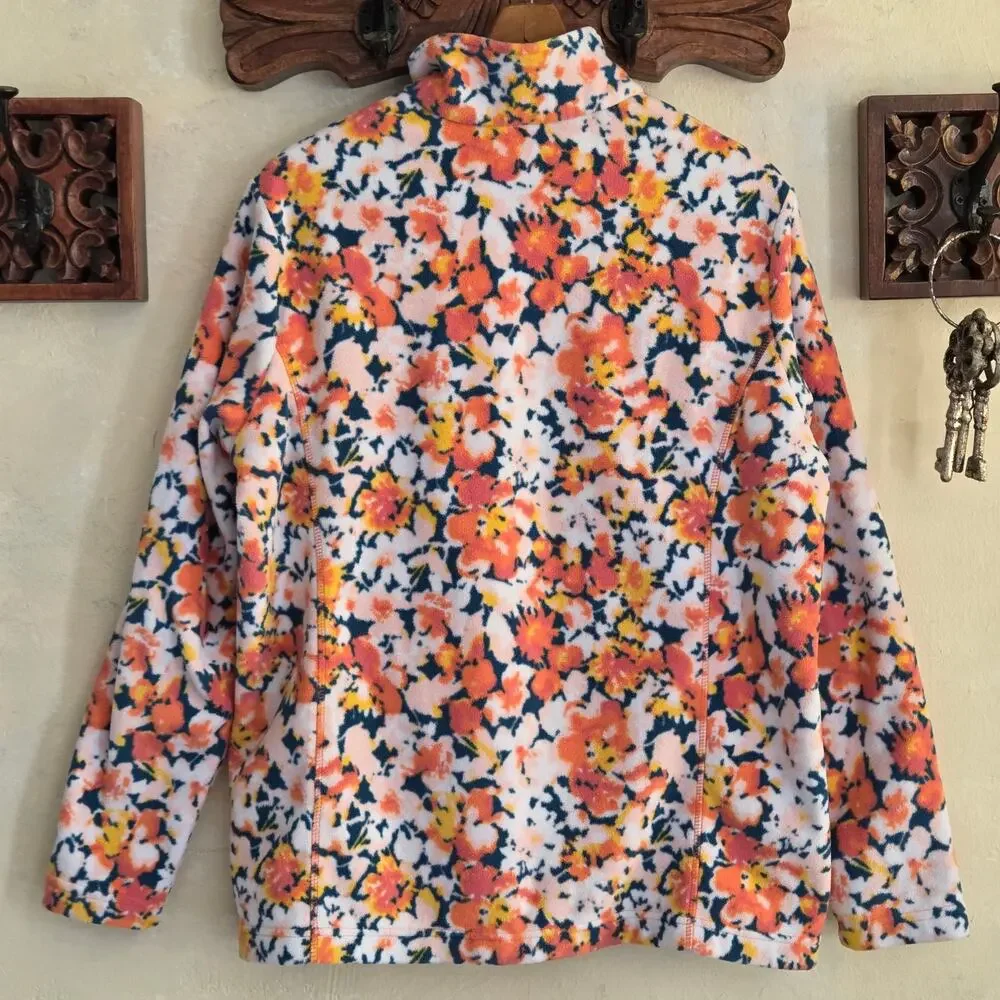 Lands End Womens Pullover 1/4 Zip Fleece Orange Floral Long Sleeve Cozy NWOT✨️L